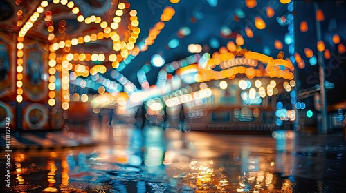 Blurred carnival lights in night time funfair