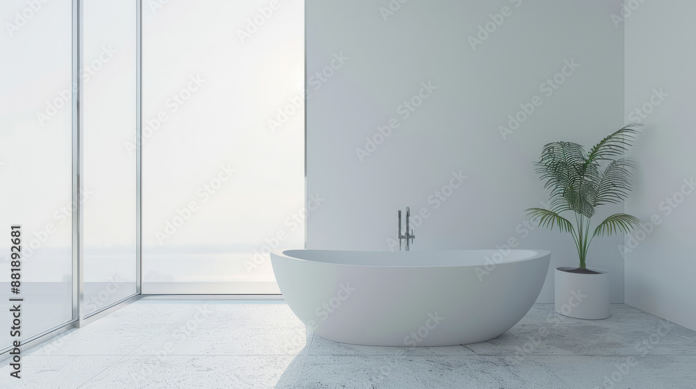 Fototapeta premium Large, elegant, white bathtub against an expansive window in a minimalist bathroom filled with natural sunlight.