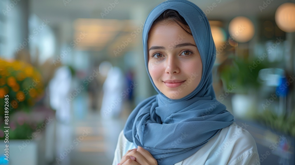 hijab girl, as a bank customer service, smiling, facing to camera hijab girl, as a bank customer service, smiling, facing to camera