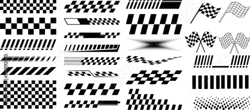Racing stripe banners, checkered pattern vector set,  flag, speed line design vector graphics for motorsports, car racing, track finishing
