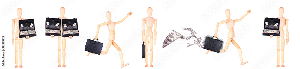 Assortment of wooden mannequins in different stances, isolated on white backdrop Assortment of wooden mannequins in different stances, isolated on white backdrop