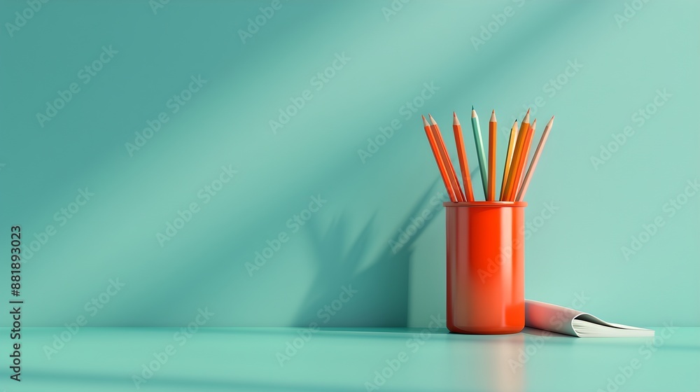 Minimalist office scene: orange pencil holder on teal surface, white scroll on gray, sunlight shadow Minimalist office scene: orange pencil holder on teal surface, white scroll on gray, sunlight shadow