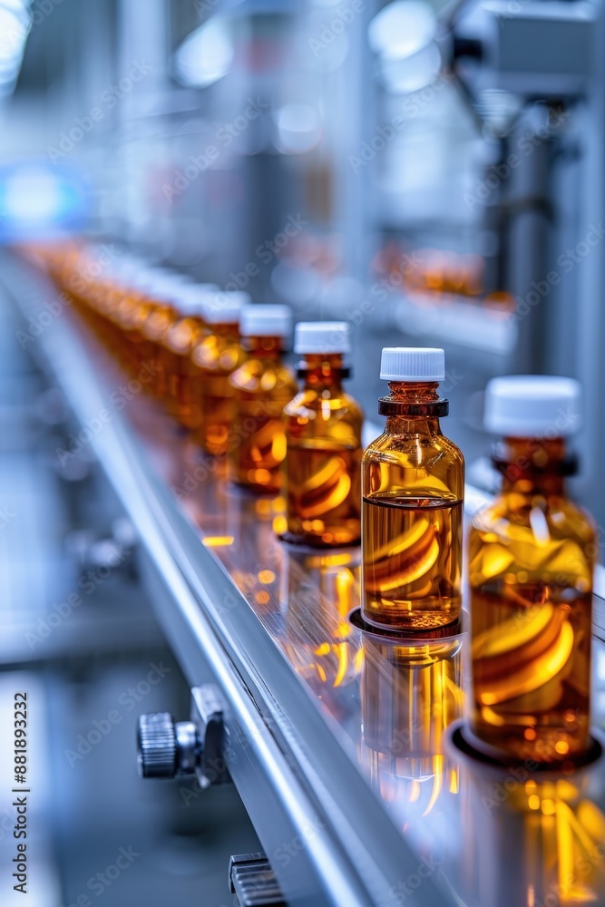 Automated Pharmaceutical Production Line with Amber Bottles in a Modern Factory Setting Automated Pharmaceutical Production Line with Amber Bottles in a Modern Factory Setting