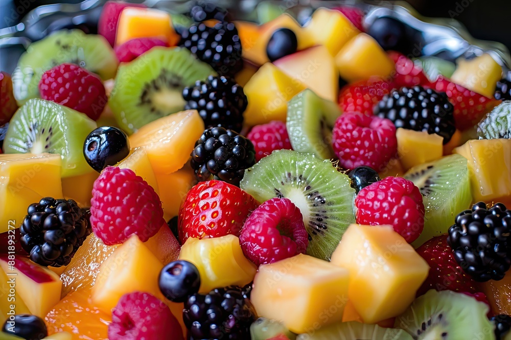 A fruit salad with a variety of fruits including kiwi, strawberries, and blueberries. The colors of the fruits are vibrant and the presentation is visually appealing A fruit salad with a variety of fruits including kiwi, strawberries, and blueberries. The colors of the fruits are vibrant and the presentation is visually appealing