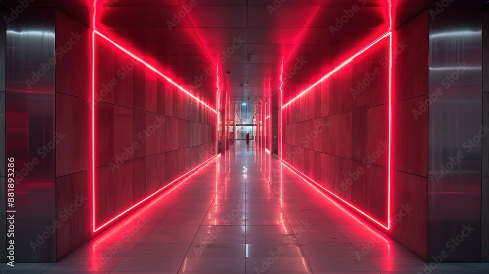 Futuristic Neon Lit Corridor with Reflective Surfaces and Modern Design Elements Futuristic Neon Lit Corridor with Reflective Surfaces and Modern Design Elements