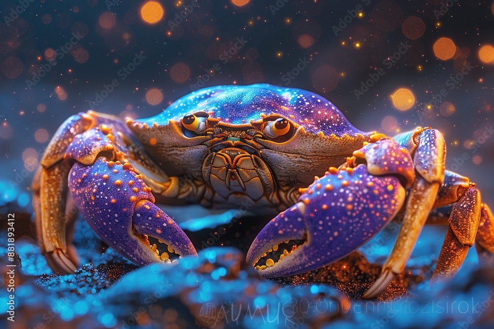 Artistic rendition of the Cancer zodiac symbol as a celestial crab with cosmic elements Artistic rendition of the Cancer zodiac symbol as a celestial crab with cosmic elements