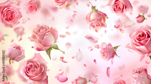 Flower roses frame on pink pastel background, Floral monochrome backdrop for your design,Rose flowers frame on pink background, Top view Copy space