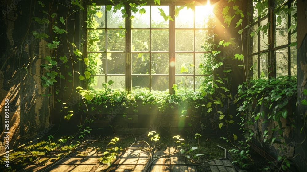Sunlit Abandoned Room Overtaken by Nature with Ivy and Calm Atmosphere Sunlit Abandoned Room Overtaken by Nature with Ivy and Calm Atmosphere