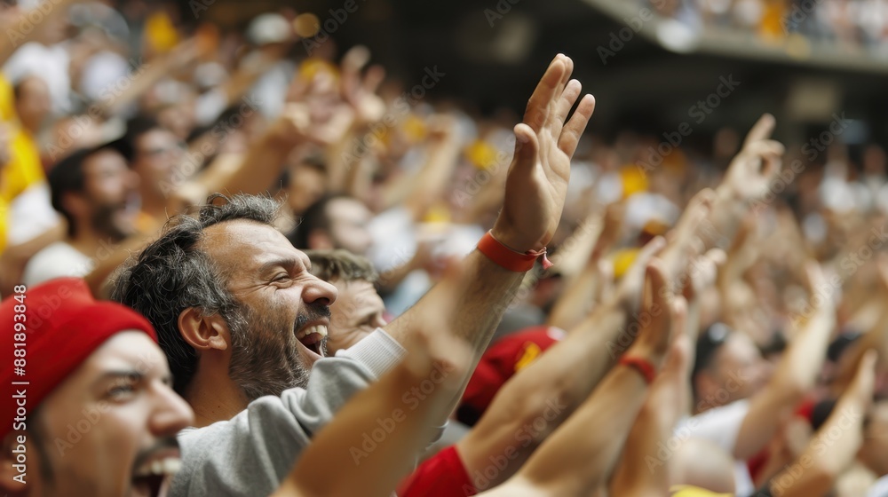 A boisterous crowd of fans is seen with their hands raised in unison, captured in a moment of pure exhilaration and energetic cheering during a lively event. A boisterous crowd of fans is seen with their hands raised in unison, captured in a moment of pure exhilaration and energetic cheering during a lively event.