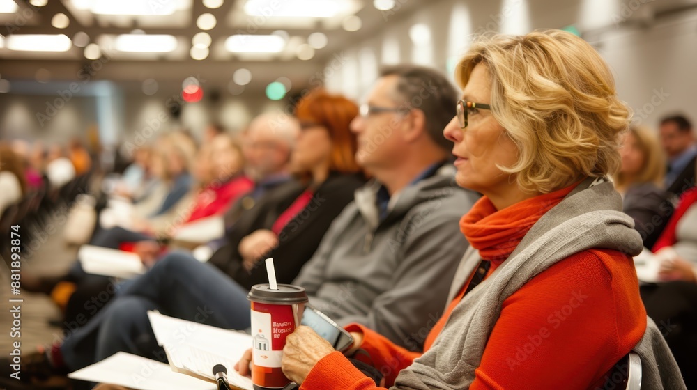 Several individuals attentively engaged with notes and holding coffee cups at a large indoor seminar or conference session, suggesting an atmosphere of focused learning and networking. Several individuals attentively engaged with notes and holding coffee cups at a large indoor seminar or conference session, suggesting an atmosphere of focused learning and networking.