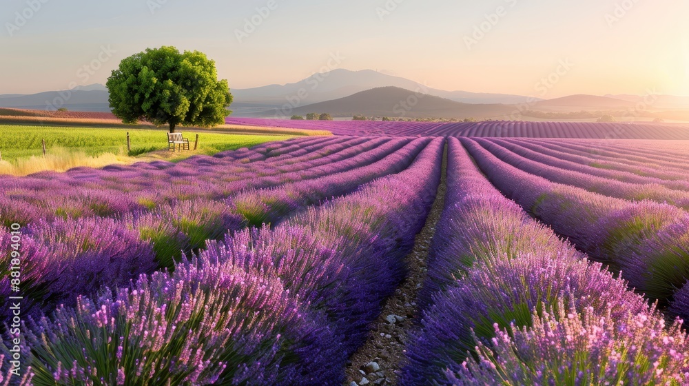 Expansive lavender fields stretch to the horizon with a solitary tree and majestic mountains in the background, illustrating nature's grandeur and peaceful beauty at sunset. Expansive lavender fields stretch to the horizon with a solitary tree and majestic mountains in the background, illustrating nature's grandeur and peaceful beauty at sunset.