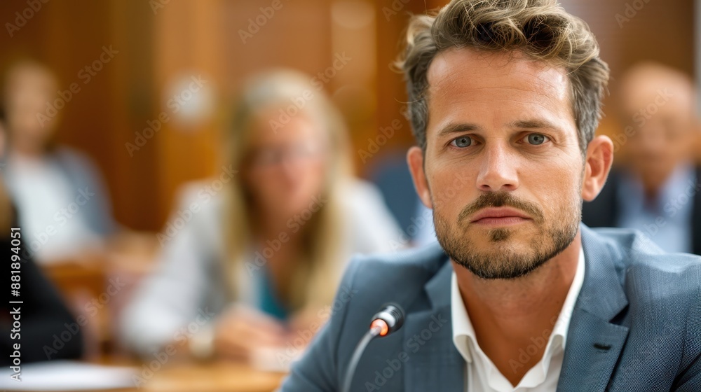 A serious-looking man wearing a suit is captured speaking into a microphone during a formal meeting, with blurred attendees in the background, symbolizing leadership and decision-making. A serious-looking man wearing a suit is captured speaking into a microphone during a formal meeting, with blurred attendees in the background, symbolizing leadership and decision-making.