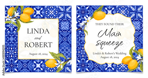 Blue Tiles and Lemons Wedding Invitation Card