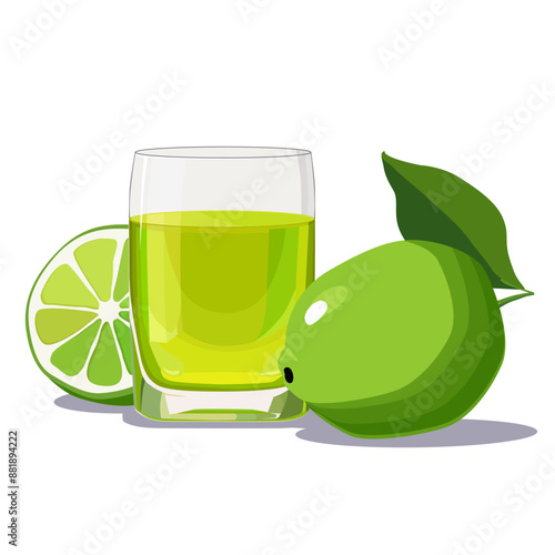 Full glass of green freshly and healthy squeezed lime juice isolated on white background. Vector illustration in flat style with citrus drink. Summer clipart for card, banner, flyer, poster design