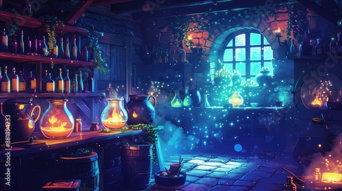 A witch’s potion room with bubbling cauldrons and glowing bottles