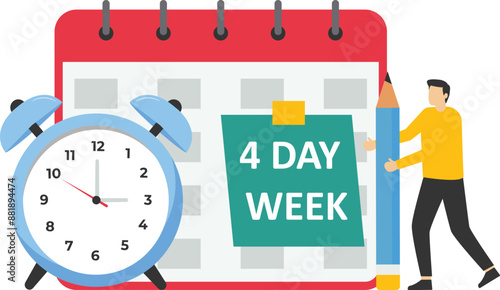 4 or 5 Day Work Week. Reduce working day to increase efficiency and productivity. 4 day is a reduced hour working model. Flat vector illustration.

