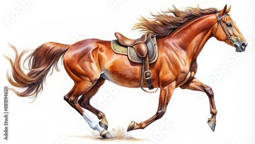 Vibrant watercolor illustration of a galloping brown mare with an empty saddle racing dynamically on a clean white background.