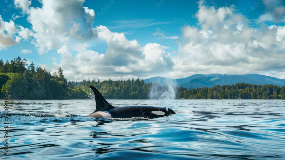 Naklejka premium An orca surfaces in a tranquil bay surrounded by forested hills under a bright blue sky, blending with nature's calming essence.