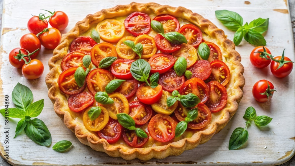 Freshly baked rustic tomato tart with vibrant red tomatoes and golden crust, sliced into wedges on a pristine white surface. Freshly baked rustic tomato tart with vibrant red tomatoes and golden crust, sliced into wedges on a pristine white surface.