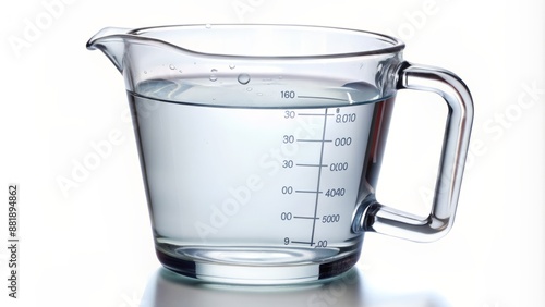 Close-up of a glass measuring cup filled with water isolated on white.
