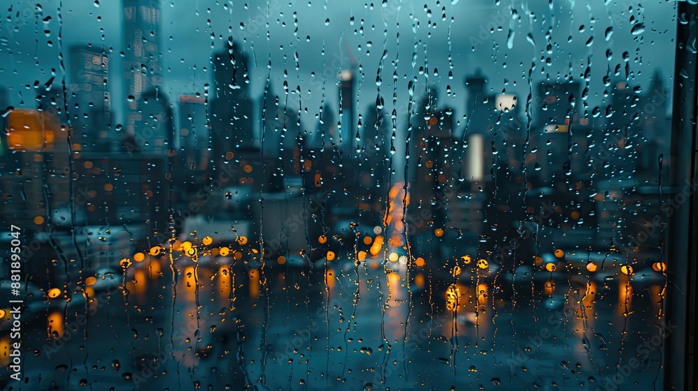 Fototapeta premium Blurry cityscape through rainy window