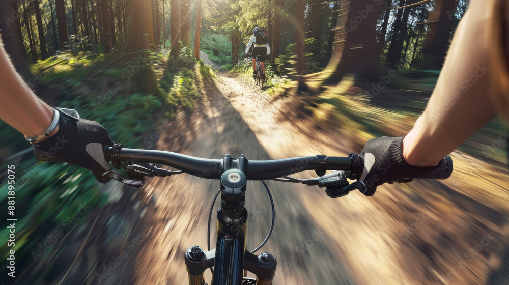 Fototapeta premium A thrilling mountain biking adventure with a dynamic view from the handlebars, racing through a vibrant forest bathed in golden sunlight.