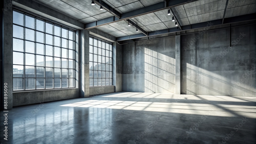 Bare, industrial-chic room features concrete flooring, grey walls, and a window casting shadows, evoking a sense of urban isolation. Bare, industrial-chic room features concrete flooring, grey walls, and a window casting shadows, evoking a sense of urban isolation.