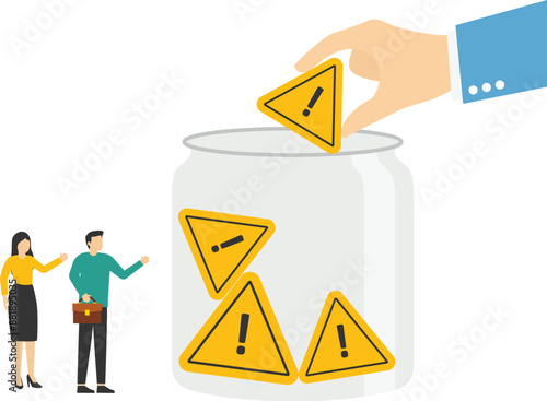 Big hand and tiny business people collect exclamation points into Glass Jar. Work motivation. More problems competition. Critical failure concept. Vector illustration

