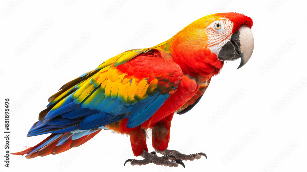 Close-up of a vibrant, brilliantly colored parrot perched against a plain white backdrop, highlighting its stunning plumage. Close-up of a vibrant, brilliantly colored parrot perched against a plain white backdrop, highlighting its stunning plumage.