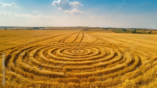 Mysterious Crop Circle in a Golden Wheat Field under a Blue Sky