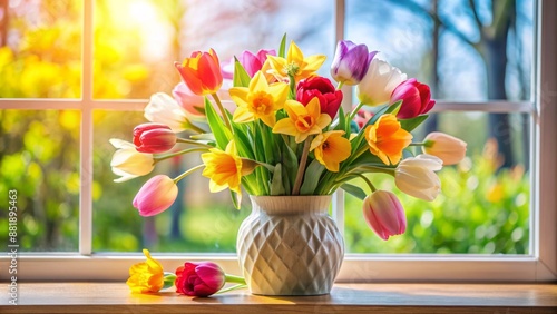 Wallpaper Mural Vibrant colorful bouquet of fresh tulips and daffodils arranged in a delicate ceramic vase on a sunny windowsill backdrop. Torontodigital.ca
