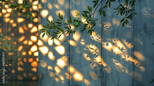Sunlit Patterns on Rustic Wooden Wall with Leaves