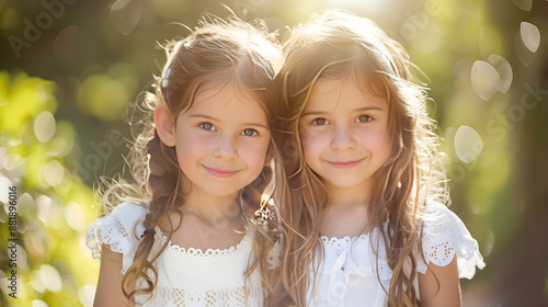 Two smiling young women, identical twins, playfully posing together in a sunny outdoor setting.