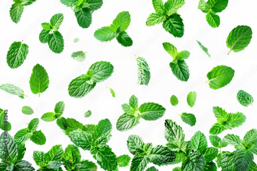 Flying delicious fresh mint leaves, cut-out Flying delicious fresh mint leaves, cut-out