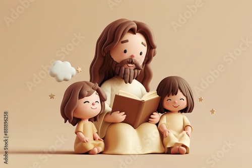Biblical illustration of Jesus reading book to children
