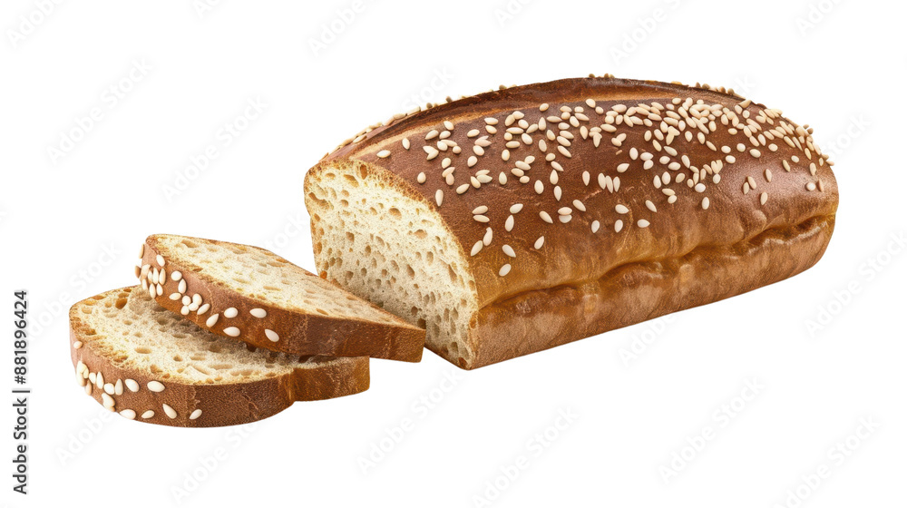 Freshly baked loaf of sesame bread with two slices cut, isolated on a white background. Perfect for culinary and bakery-related uses. Freshly baked loaf of sesame bread with two slices cut, isolated on a white background. Perfect for culinary and bakery-related uses.