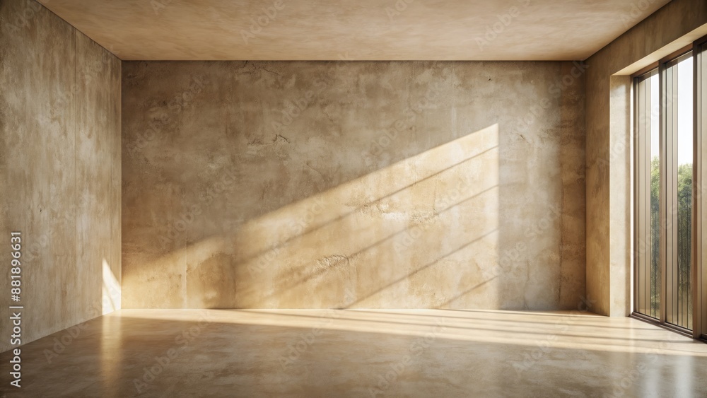 Softly lit beige room with cement walls and floor, featuring subtle window shadows, perfect for bohemian architectural product mockups. Softly lit beige room with cement walls and floor, featuring subtle window shadows, perfect for bohemian architectural product mockups.