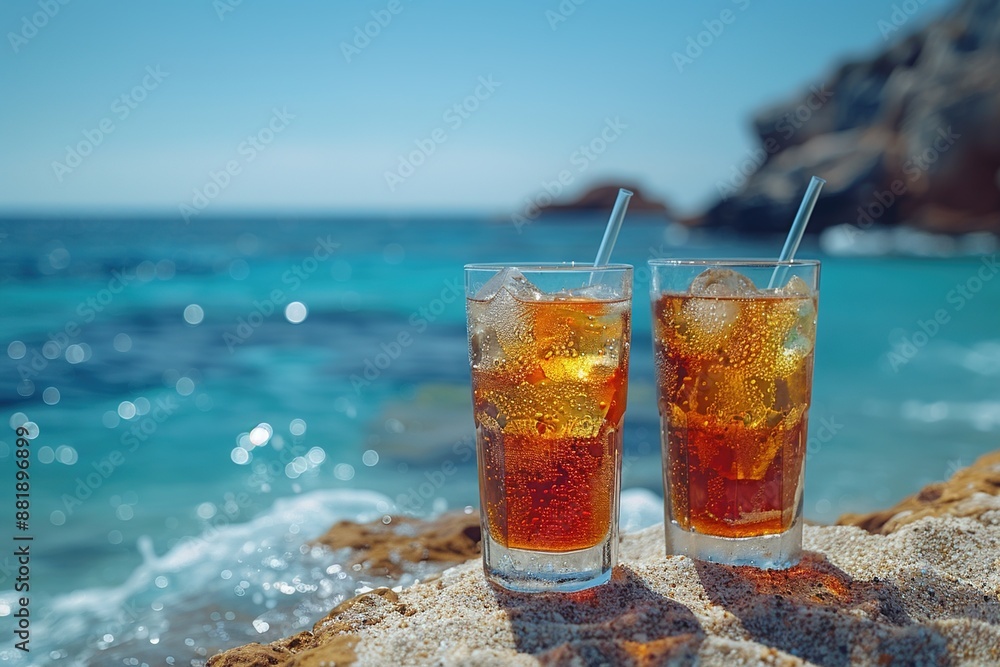 Exotic cocktails on a beach with a clear view of the sunny ocean horizon Exotic cocktails on a beach with a clear view of the sunny ocean horizon