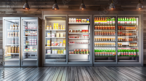 A neatly organized refrigerated display unit showcasing a variety of beverages and snacks in a modern, industrial-style grocery store.