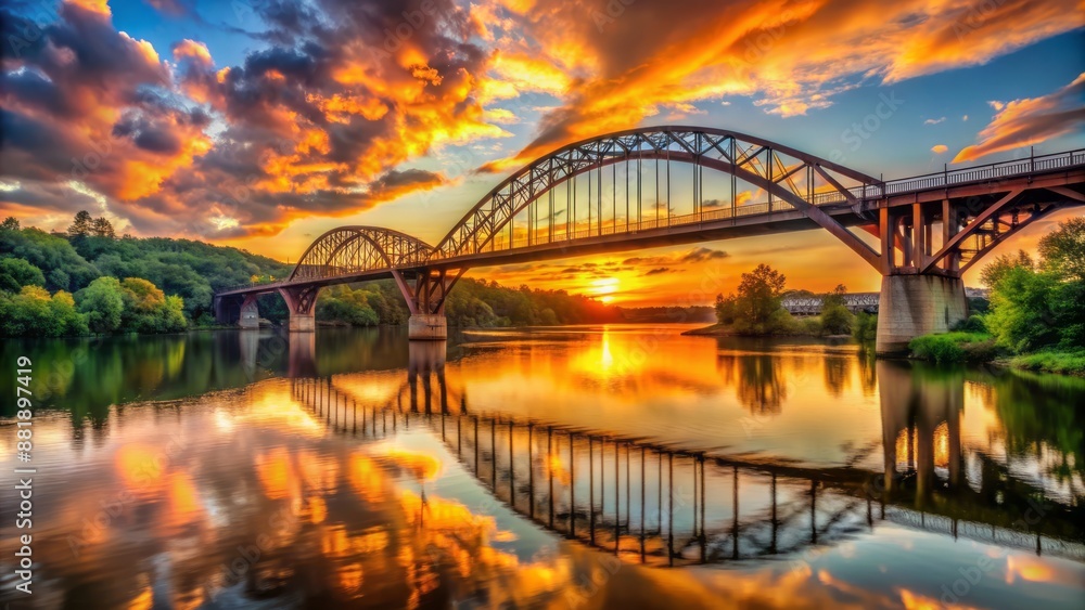 Naklejka premium Vibrant orange sunset casting a warm glow on a serene tranquil river flowing beneath a majestic steel arch bridge.