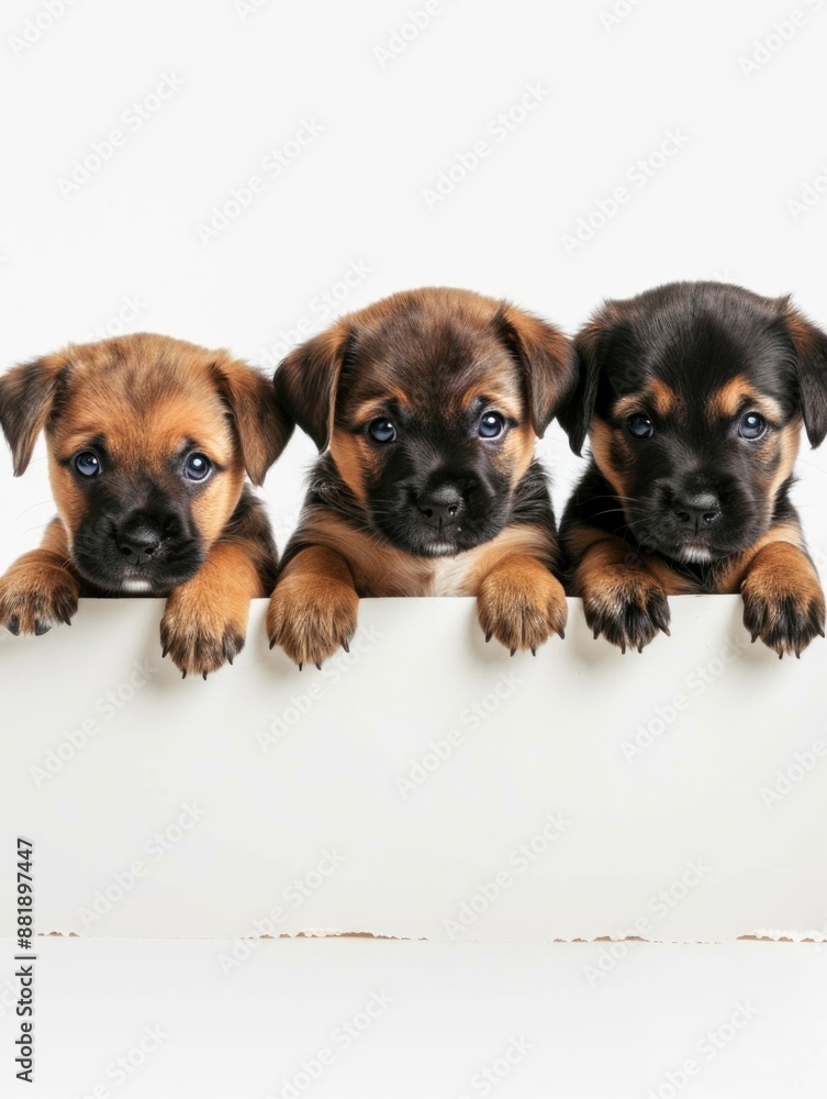 Obraz premium Three playful puppies sit on a whiteboard, perfect for educational or advertising uses