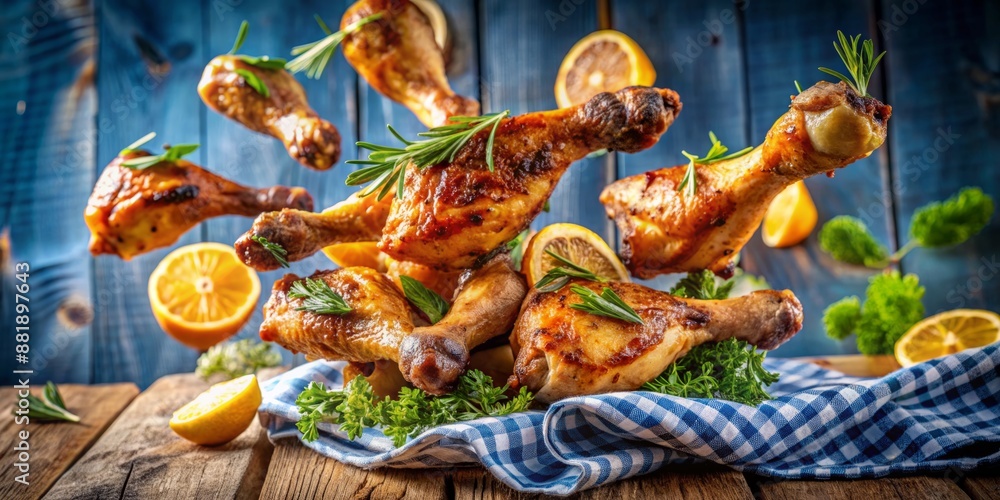 Obraz premium Golden brown grilled chicken drumsticks soar through a vibrant blue sky, set against a rustic wooden tablecloth, surrounded by fresh herbs and citrus slices.