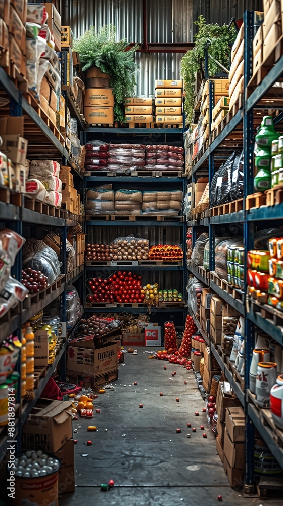 Obraz premium A cluttered warehouse aisle filled with various boxed and bagged stock items, including food, beverages, and plants.