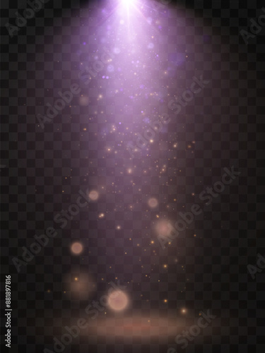Spotlight beam with bright dust shimmering bokeh effect. Light sources, concert lighting, stage spotlights. Vector