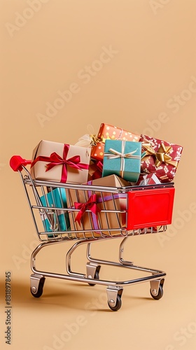 A shopping cart packed with beautifully wrapped gift boxes in various colors and patterns, set against a warm, solid background.
 photo