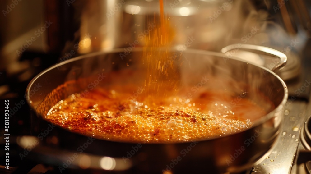 A detailed shot of spices being added to a bubbling pot of soup on the stove. A detailed shot of spices being added to a bubbling pot of soup on the stove.