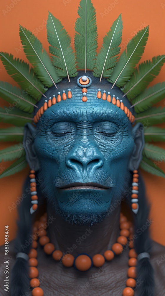 3d render of a shaman character with blue skin wearing a colorful beaded necklace and a headdress decorated with green feathers 3d render of a shaman character with blue skin wearing a colorful beaded necklace and a headdress decorated with green feathers