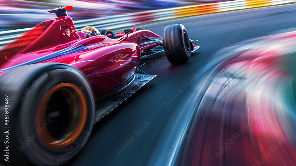 A close-up of a race car speeding across the track, with motion blur emphasizing its speed. A close-up of a race car speeding across the track, with motion blur emphasizing its speed.