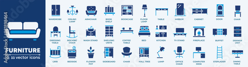 Furniture and home interior elements - thin line web icon set. Outline icons of kitchen, living room, bedroom and office  collection. Simple vector illustration.