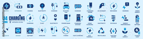 Charging icon set. Containing charge, battery, energy, electricity, charger, recharge, electric car and charging station icons.